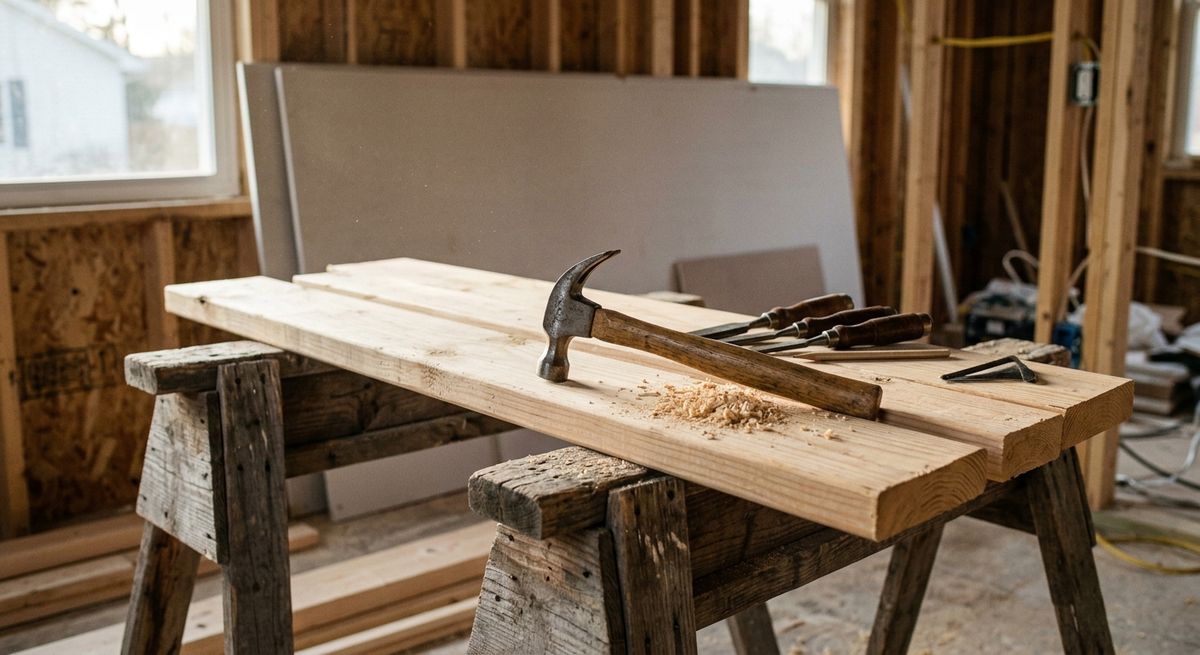 Hammer, chisels and fresh lumber on sawhorses inside a home mid-remodel