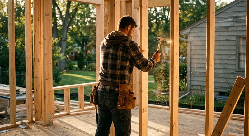 Framing work on a backyard addition, sawdust in the afternoon light