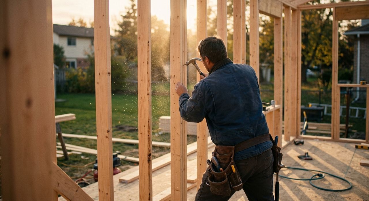 Carpenter framing a new home addition at golden hour
